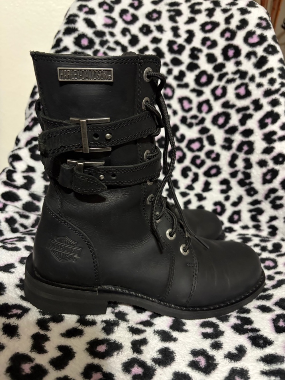 Harley-Davidson Black Leather Lace-Up Combat Boots with Buckle Straps